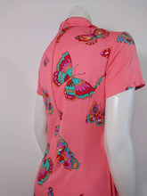 Load image into Gallery viewer, 70s signed Maurice dress / Pucci print style dress / Peter Max butterfly print / Mod Psychedelic print dress / 70s poly butterfly dress
