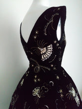 Load image into Gallery viewer, 1950s black velvet party dress with embroidered rhinestone hand fans by LOEB