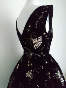 1950s black velvet party dress with embroidered rhinestone hand fans by LOEB