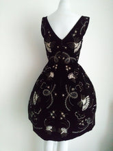 Load image into Gallery viewer, 1950s black velvet party dress with embroidered rhinestone hand fans by LOEB