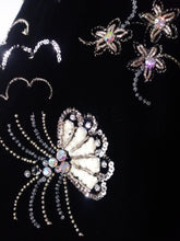 Load image into Gallery viewer, 1950s black velvet party dress with embroidered rhinestone hand fans by LOEB