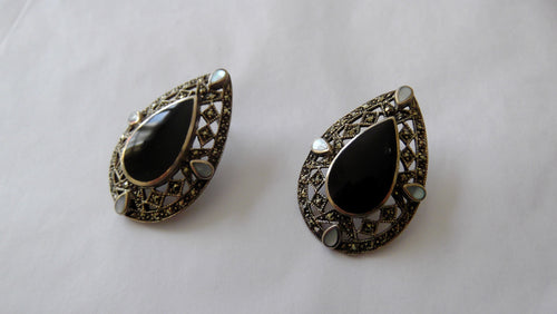 Vintage Sterling Silver Marcasite tear drop earrings with onyx & mother of pearl inlay / Art deco inspired