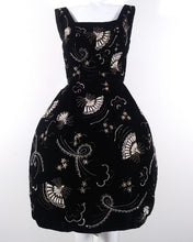 Load image into Gallery viewer, 1950s black velvet party dress with embroidered rhinestone hand fans by LOEB