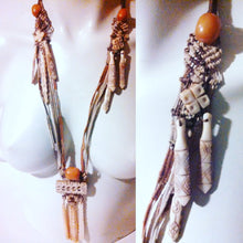 Load image into Gallery viewer, vintage hippie boho amber bone necklace / macrame bone dangle drops and amber beads / Tribal Statement Necklace / Bohemian Hippie Necklace