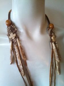 vintage hippie boho amber bone necklace / macrame bone dangle drops and amber beads / Tribal Statement Necklace / Bohemian Hippie Necklace