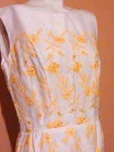 Load image into Gallery viewer, Vintage 60s Mr. Henry eyelet linen cotton dress / 60s yellow embroidered flowers dress / 60s summer Party Dress