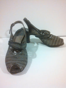 Vintage Mesh 40s grey heels shoes / Open Peep Toe Sling Backs