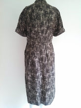 Load image into Gallery viewer, vintage 50s atomic pattern pocket dress with Satin Bow and Rhinestone detail - size large