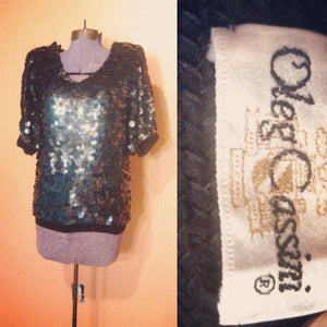 70s Oleg Cassini Bead & Sequin Silk Blouse