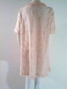 1950s 60s Lace Nylon Satin Pink Rose Robe Night Gown Cover up size Med Large