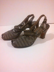 Vintage Mesh 40s grey heels shoes / Open Peep Toe Sling Backs