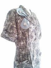 Load image into Gallery viewer, vintage 50s atomic pattern pocket dress with Satin Bow and Rhinestone detail - size large