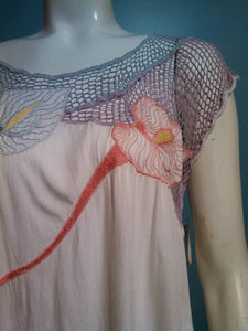 Vintage 70s artisan rayon dress with Open Fish Net Stiched Flowers / Hawaiian Inspired Vintage Sundress NOS orig tags