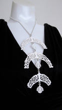 Load image into Gallery viewer, 60s Lace Enamel Necklace / Large Tiered Tassle Pendent / White Enamel / Statement Runway / Avant Gaurd Couture