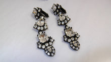 Load image into Gallery viewer, Vintage Rhinestone Chandelier Earrings / Black Enamel and White rhinestones / Vintage Long Dangle Earrings / Holiday Party Earrings