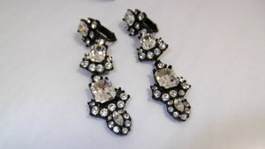 Vintage Rhinestone Chandelier Earrings / Black Enamel and White rhinestones / Vintage Long Dangle Earrings / Holiday Party Earrings