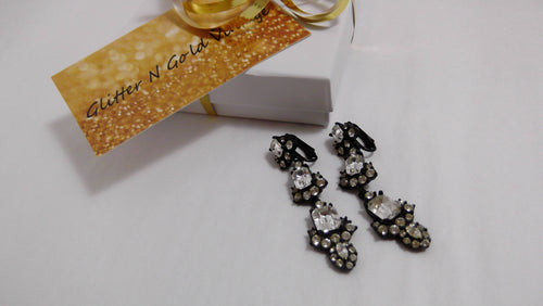 Vintage Rhinestone Chandelier Earrings / Black Enamel and White rhinestones / Vintage Long Dangle Earrings / Holiday Party Earrings