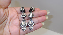 Load image into Gallery viewer, Vintage Rhinestone Chandelier Earrings / Black Enamel and White rhinestones / Vintage Long Dangle Earrings / Holiday Party Earrings