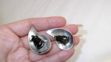 Load image into Gallery viewer, Vintage 40s Mexican Sterling Silver Earrings / 1940s Hecho in Mexico Signed JV / Tigers Cats Eye Stone / Tear Drop Yin Yang shape Earrings