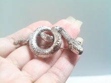 Load image into Gallery viewer, Vintage Snake brooch / Rhinestone eyes brooch / Silver Tone curled up snake pin / KJL inspired