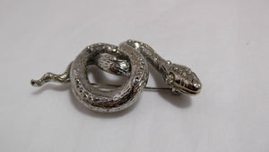 Vintage Snake brooch / Rhinestone eyes brooch / Silver Tone curled up snake pin / KJL inspired