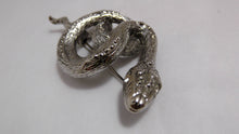 Load image into Gallery viewer, Vintage Snake brooch / Rhinestone eyes brooch / Silver Tone curled up snake pin / KJL inspired