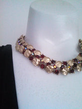 Load image into Gallery viewer, Vintage Lisner 50s Rhinestone Necklace / 50s red necklace / rhinestone choker necklace / Old Hollywood Glam / Gold leaves collar necklace