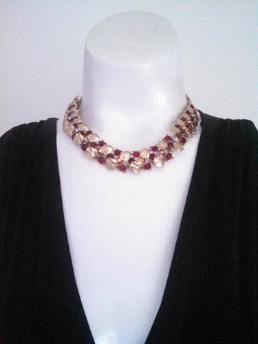 Vintage Lisner 50s Rhinestone Necklace / 50s red necklace / rhinestone choker necklace / Old Hollywood Glam / Gold leaves collar necklace