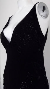 90s Black Backless Beaded Dress / plunging neck and open back LBD / Black Tie Party Dress / prom dress / body con dress