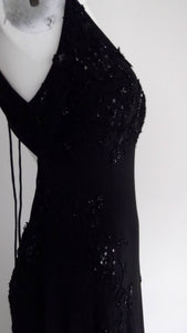 90s Black Backless Beaded Dress / plunging neck and open back LBD / Black Tie Party Dress / prom dress / body con dress