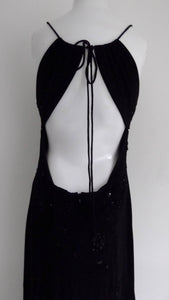 90s Black Backless Beaded Dress / plunging neck and open back LBD / Black Tie Party Dress / prom dress / body con dress