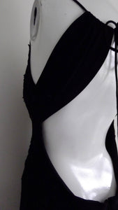 90s Black Backless Beaded Dress / plunging neck and open back LBD / Black Tie Party Dress / prom dress / body con dress