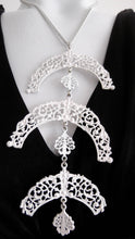 Load image into Gallery viewer, 60s Lace Enamel Necklace / Large Tiered Tassle Pendent / White Enamel / Statement Runway / Avant Gaurd Couture