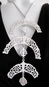 60s Lace Enamel Necklace / Large Tiered Tassle Pendent / White Enamel / Statement Runway / Avant Gaurd Couture