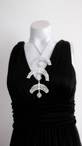 60s Lace Enamel Necklace / Large Tiered Tassle Pendent / White Enamel / Statement Runway / Avant Gaurd Couture