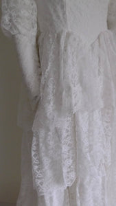 Vintage 50s five tiered lace wedding dress with small train and attached tulle net crinoline underskirt