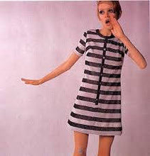 Load image into Gallery viewer, 60s MOD Striped Party Dress / vintage Twiggy dress / Black and White Dress / 60s dress rhinestone buttons / GlitterNGoldVintage