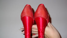 Load image into Gallery viewer, 1920s Roaring Red Satin Silk Dancing Tstrap Flapper Heels by Palter Deliso Inc / Display Study