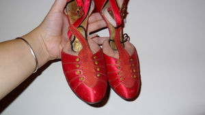 1920s Roaring Red Satin Silk Dancing Tstrap Flapper Heels by Palter Deliso Inc / Display Study