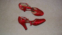 Load image into Gallery viewer, 1920s Roaring Red Satin Silk Dancing Tstrap Flapper Heels by Palter Deliso Inc / Display Study