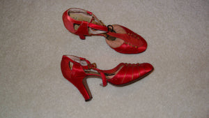 1920s Roaring Red Satin Silk Dancing Tstrap Flapper Heels by Palter Deliso Inc / Display Study