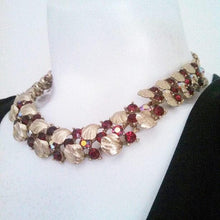 Load image into Gallery viewer, Vintage Lisner 50s Rhinestone Necklace / 50s red necklace / rhinestone choker necklace / Old Hollywood Glam / Gold leaves collar necklace