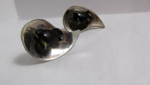 Load image into Gallery viewer, Vintage 40s Mexican Sterling Silver Earrings / 1940s Hecho in Mexico Signed JV / Tigers Cats Eye Stone / Tear Drop Yin Yang shape Earrings