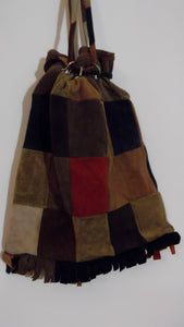 70s drawstring suede patch purse Boho Hippie Bag