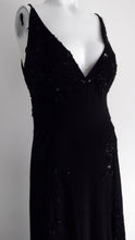 Load image into Gallery viewer, 90s Black Backless Beaded Dress / plunging neck and open back LBD / Black Tie Party Dress / prom dress / body con dress