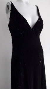 90s Black Backless Beaded Dress / plunging neck and open back LBD / Black Tie Party Dress / prom dress / body con dress