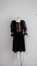 Load image into Gallery viewer, 60s 70s embroidered peasant dress / hippie boho dress / goth gypsy stevie joplin dress / sheer gauzy puffy sleeve dress