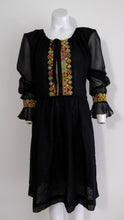 Load image into Gallery viewer, 60s 70s embroidered peasant dress / hippie boho dress / goth gypsy stevie joplin dress / sheer gauzy puffy sleeve dress