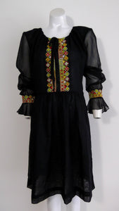 60s 70s embroidered peasant dress / hippie boho dress / goth gypsy stevie joplin dress / sheer gauzy puffy sleeve dress