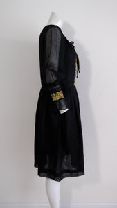 60s 70s embroidered peasant dress / hippie boho dress / goth gypsy stevie joplin dress / sheer gauzy puffy sleeve dress